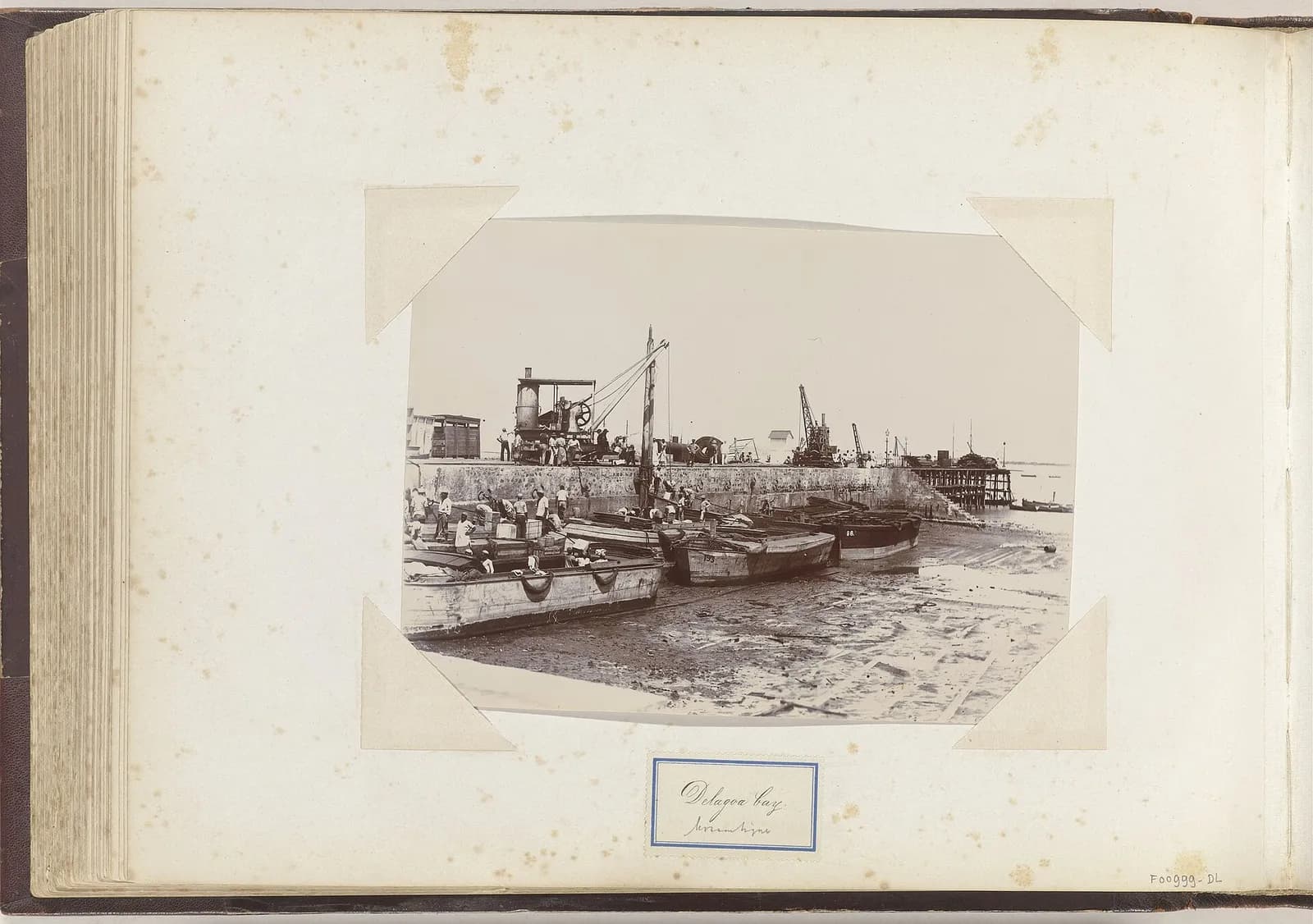 An album page with a black-and-white photograph of a harbour at low tide: wooden lighters lie on the mud beside a stone quay where men unload crates under steam cranes. A handwritten label reads Delagoa bay.