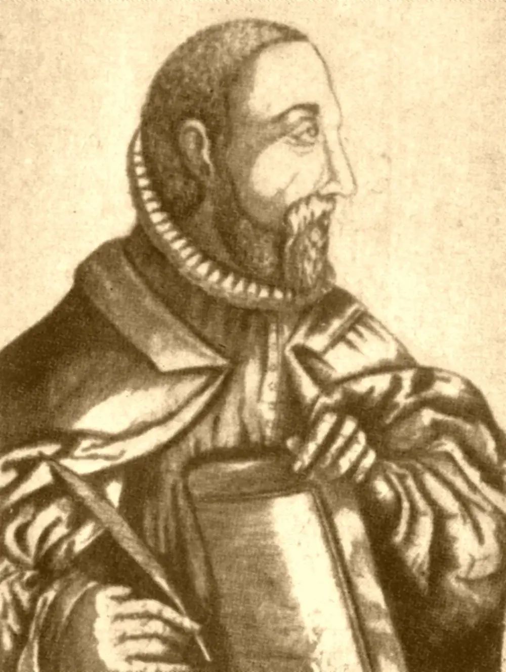A sepia portrait of a bearded man in a ruffed collar and heavy cloak, seen in three-quarter profile, holding a quill in one hand and a large book against his chest.