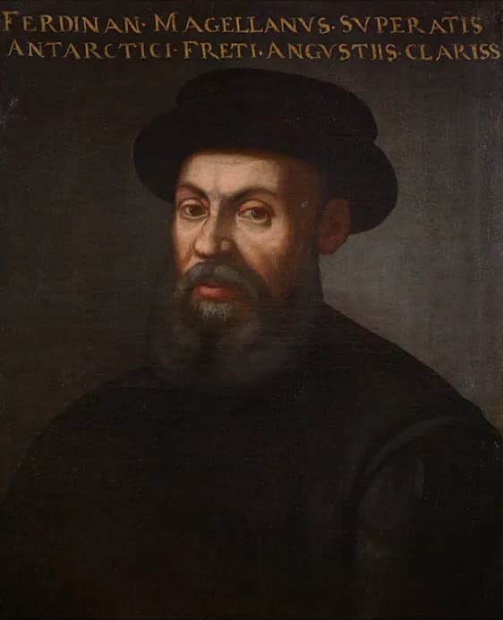Oil portrait of a bearded man in a black hat and dark clothes, facing the viewer, with a Latin inscription in gold capitals across the top.