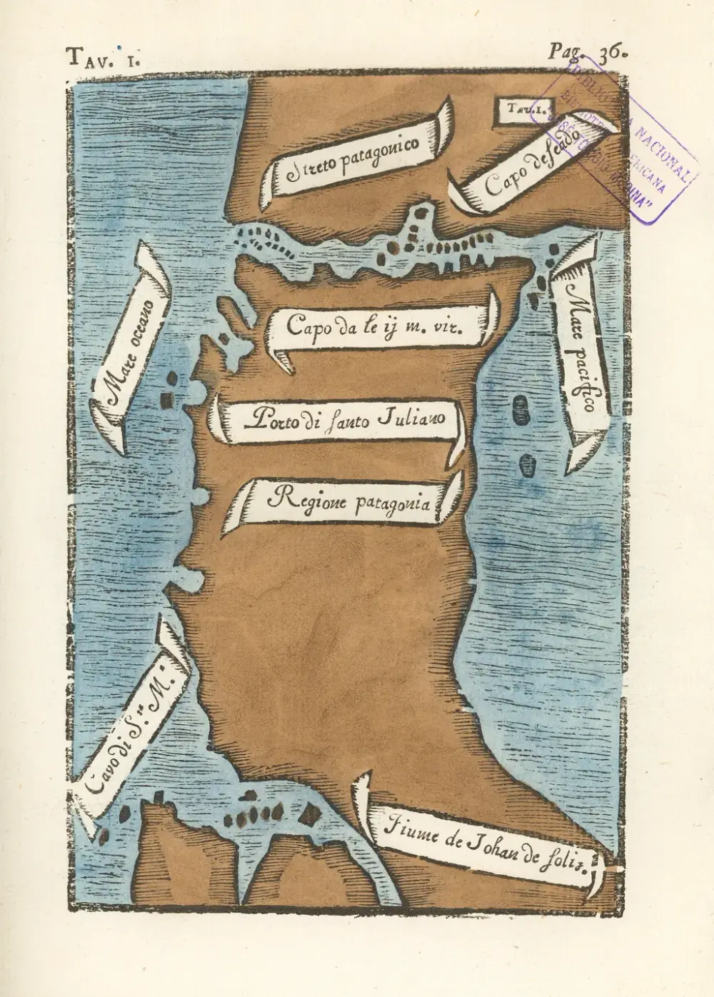 Hand-coloured woodcut map of the southern end of South America, drawn with south at the top, in brown and blue. Scroll-shaped labels name the Patagonian strait, Cape Deseado, the Pacific and the Ocean Sea, the cape of the Virgins, Port San Julián and the Patagonian region.