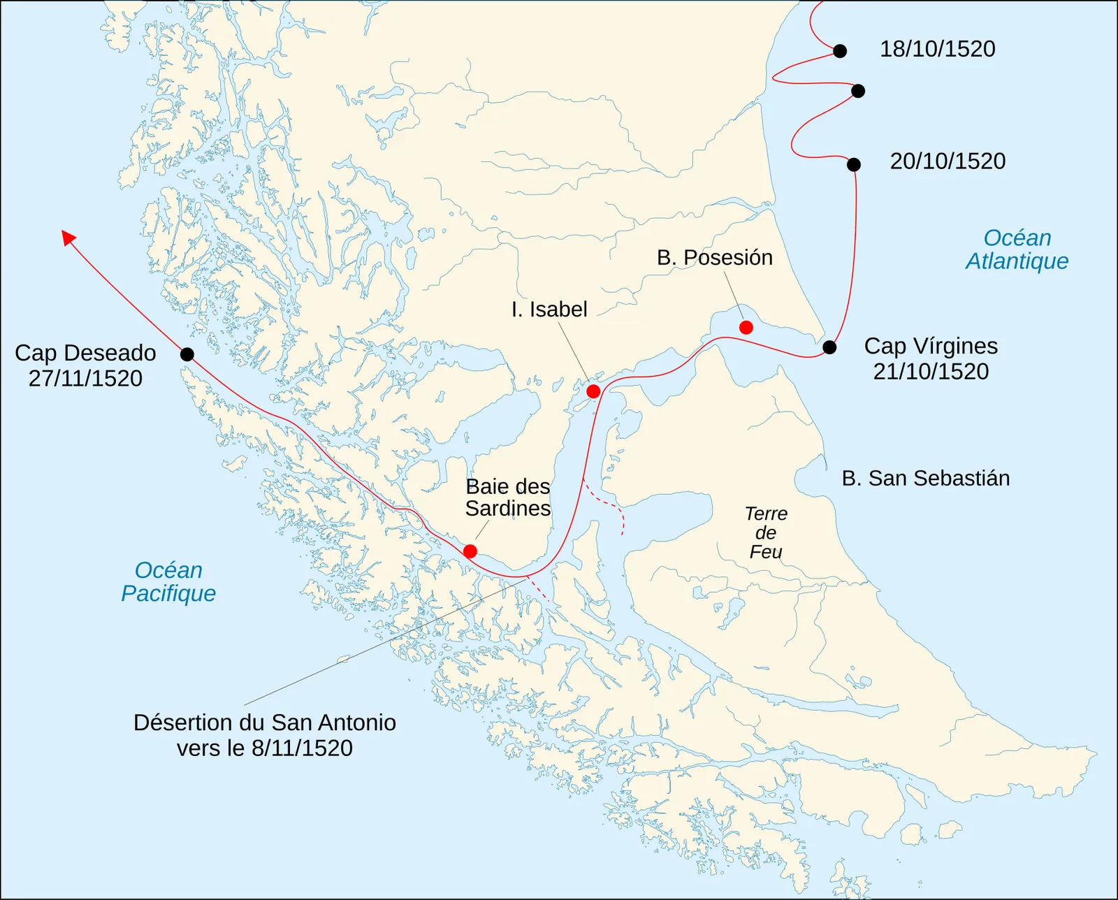 Modern map of the southern tip of South America with a red line tracing a route from the Atlantic coast into the strait at Cape Vírgenes, west and then south past Isabel Island and the Bay of Sardines, and north-west out to the Pacific at Cape Deseado. Red dots mark anchorages.