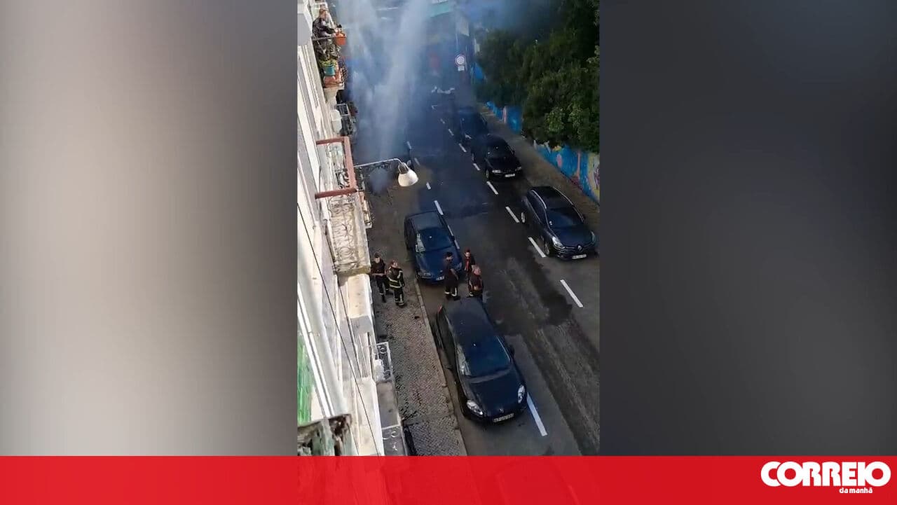 Pipe bursts and sends water spraying several metres into the air in Lisbon