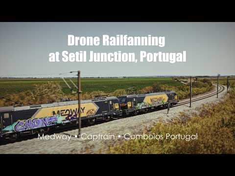 Freight Train Spotting at Setil Junction, Portugal - Drone Video