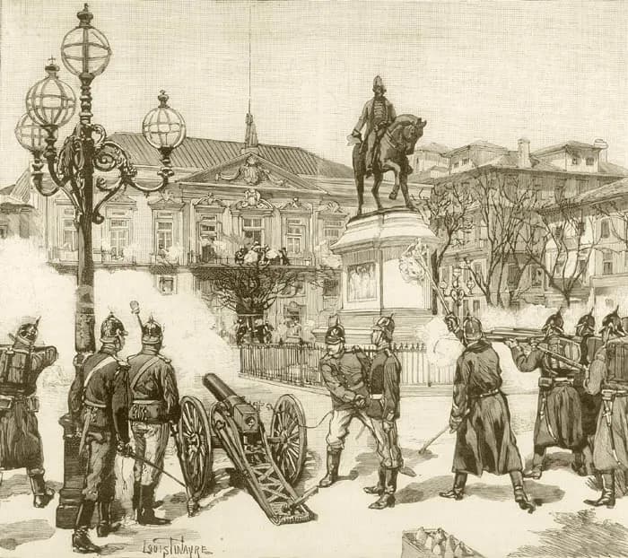 An engraving of soldiers in spiked helmets firing rifles beside a field gun in a square, with an equestrian statue in the middle and smoke drifting in front of a large building with a pediment.