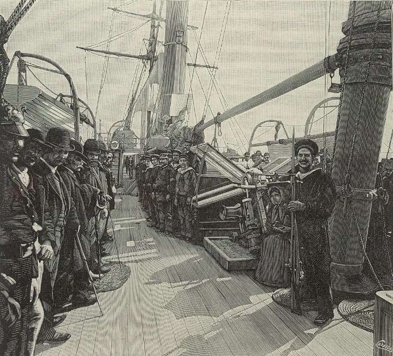 An engraving of a ship's deck with masts and rigging. On the left a line of men in bowler hats and overcoats stands facing a line of sailors, and an armed sailor stands guard beside a seated woman in a shawl.