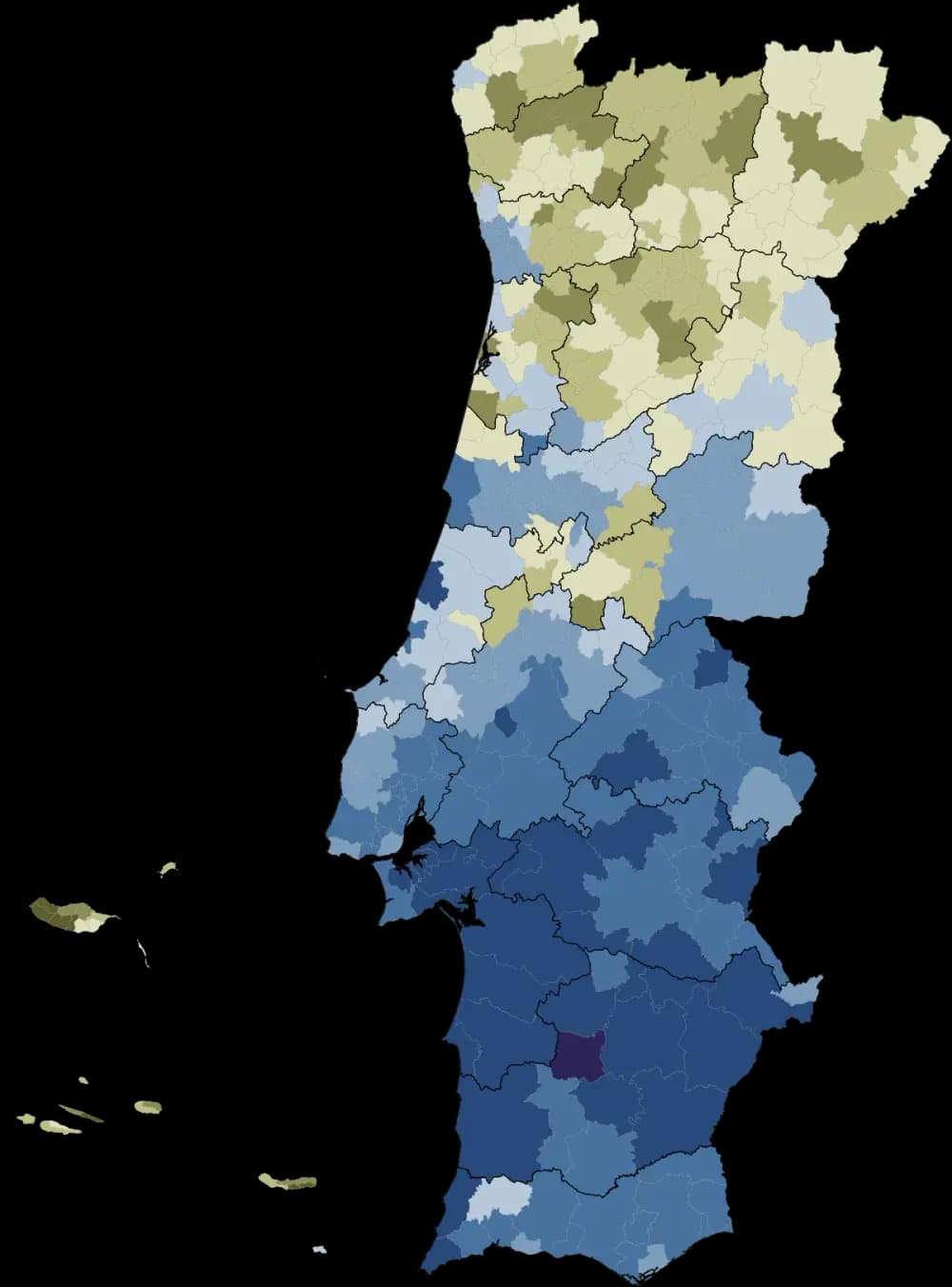 Map of Portugal divided into municipalities. Most of the north and the islands of Madeira and the Azores are shaded olive, while the centre-south, Lisbon region, Alentejo and Algarve are shaded in deepening blues.