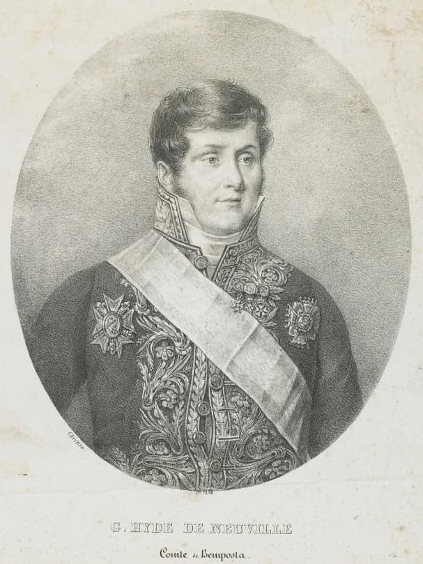 A lithographed oval portrait of a man in his forties with short wavy hair and sideburns, in a diplomat's coat heavily embroidered with leaves, wearing a broad sash and several orders. The caption reads G. Hyde de Neuville, Comte de Bemposta.