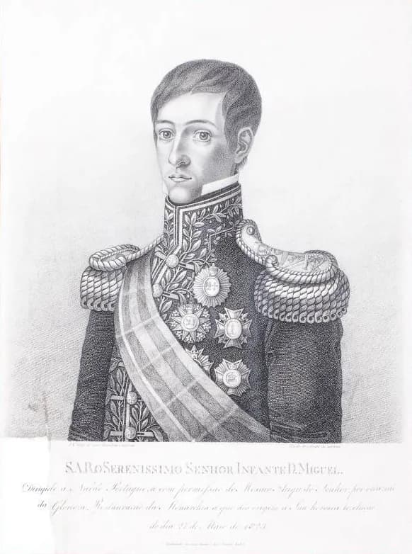 An engraved half-length portrait of a young man with short dark hair and a high embroidered collar, wearing heavy fringed epaulettes, a sash and several star-shaped orders. A dedication in script runs beneath.