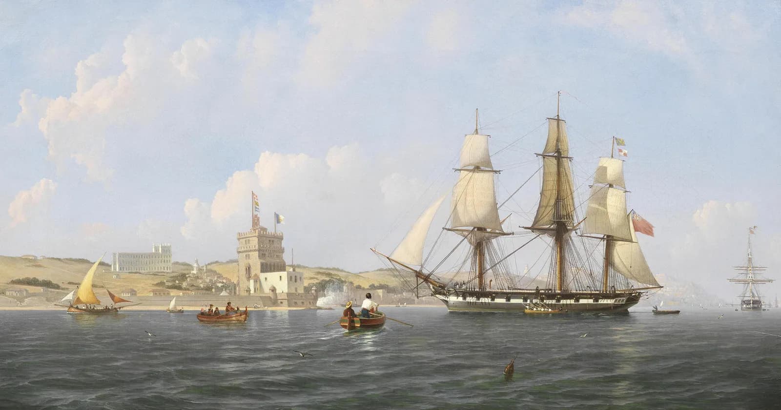 An oil painting of the Tagus estuary under a pale sky. A three-masted frigate flying the British red ensign sails on the right; small rowing boats and a lateen-rigged boat cross the water; on the shore at left stands the square stone Tower of Belém with flags flying, and a long palace on the hill behind.