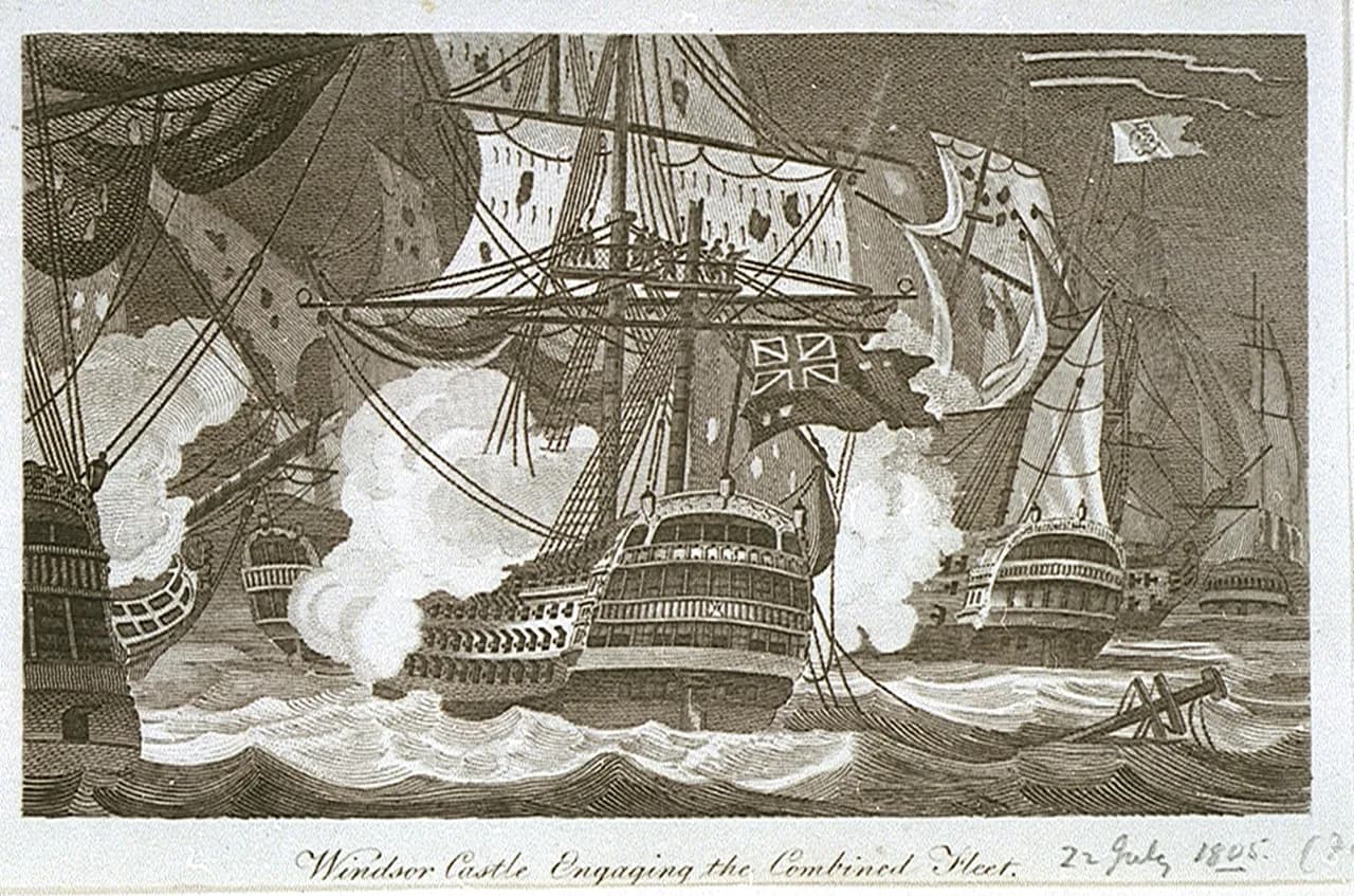 A sepia engraving of a three-decked sailing warship seen from astern, flying a large British ensign, firing broadsides amid clouds of smoke, with other warships around her and a broken spar in the waves. The engraved title below reads Windsor Castle Engaging the Combined Fleet, with the date 22 July 1805 added by hand.