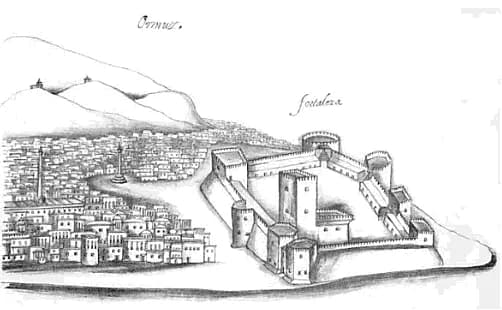 Pen drawing of a coastal city of flat-roofed houses on the left, below hills, and on the right a walled fortress on a point of land, with a tall square keep, round corner towers and the word fortaleza written above it.