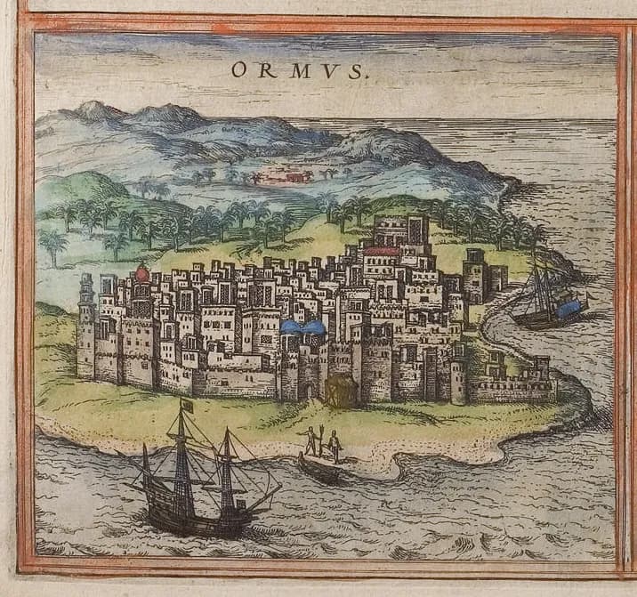 Hand-coloured engraving titled ORMVS. A crowded walled city of white flat-roofed houses and towers fills a low shore, with palm trees and blue hills behind. A three-masted sailing ship and a small rowing boat are on the sea in front, and another ship sails off to the right.