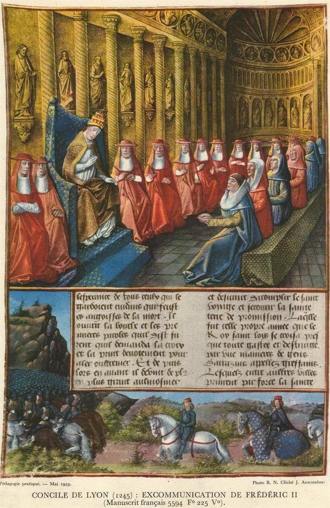 A page from an illuminated manuscript: a pope on a throne addresses rows of cardinals in red robes in a columned hall; below is a block of Gothic text and countryside with horsemen.