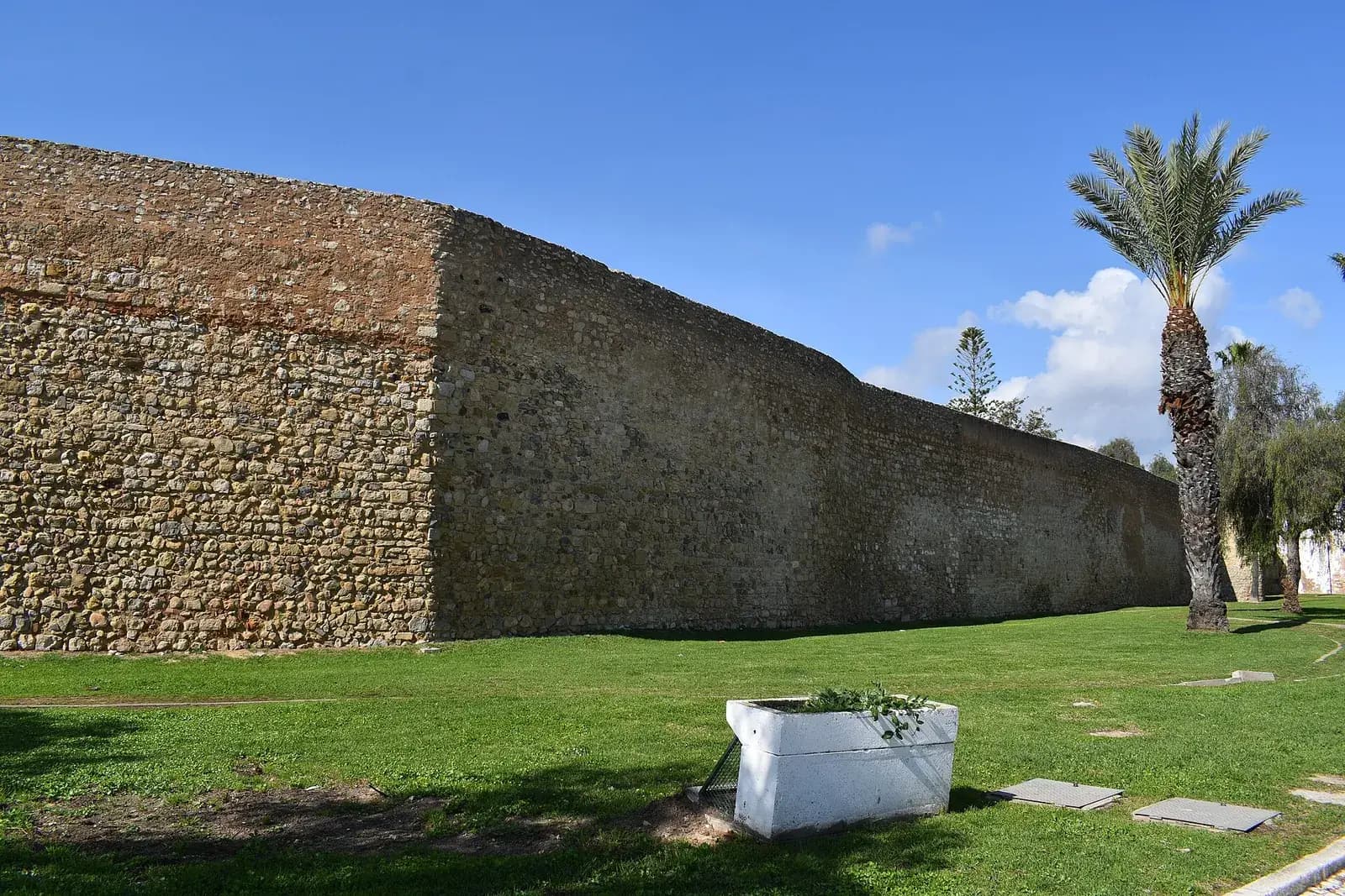 A long, high wall of rough stone and rubble, weathered brown and grey, runs across a green lawn under a blue sky, with a palm tree at its far end.
