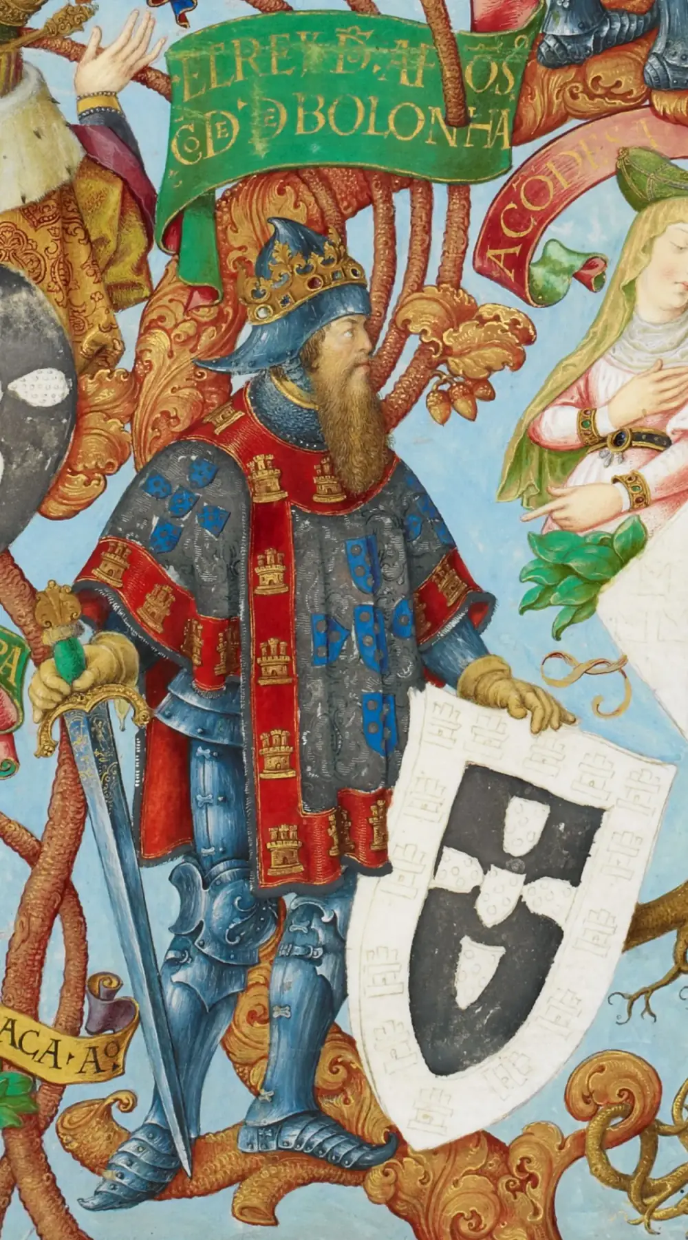 A painted miniature of a bearded king in a crown and helmet, wearing a tunic decorated with castles and blue shields, holding a sword and a white shield, framed by golden foliage and a green banner.