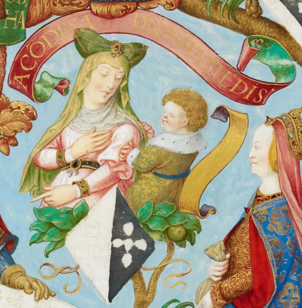 A painted miniature of a woman in a green headdress and pink gown holding a curly-haired child, beside a black and white shield, under a red banner, with another crowned woman in profile on the right.
