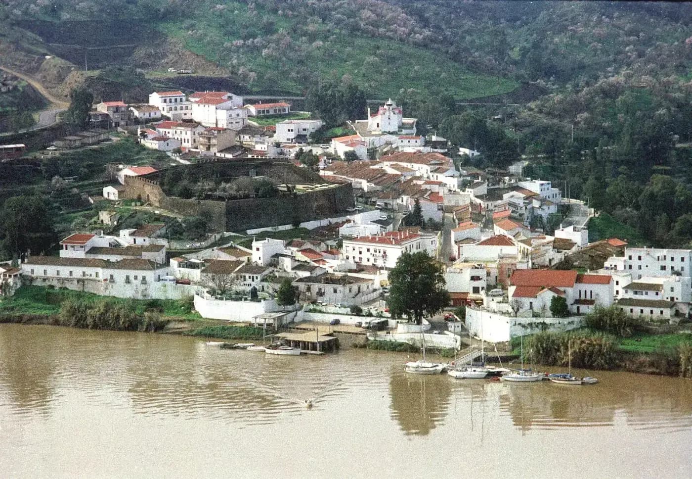 A small white town with red roofs and a stone castle rises from the bank of a wide, muddy river, with green hills behind it and sailing boats moored at the water's edge.