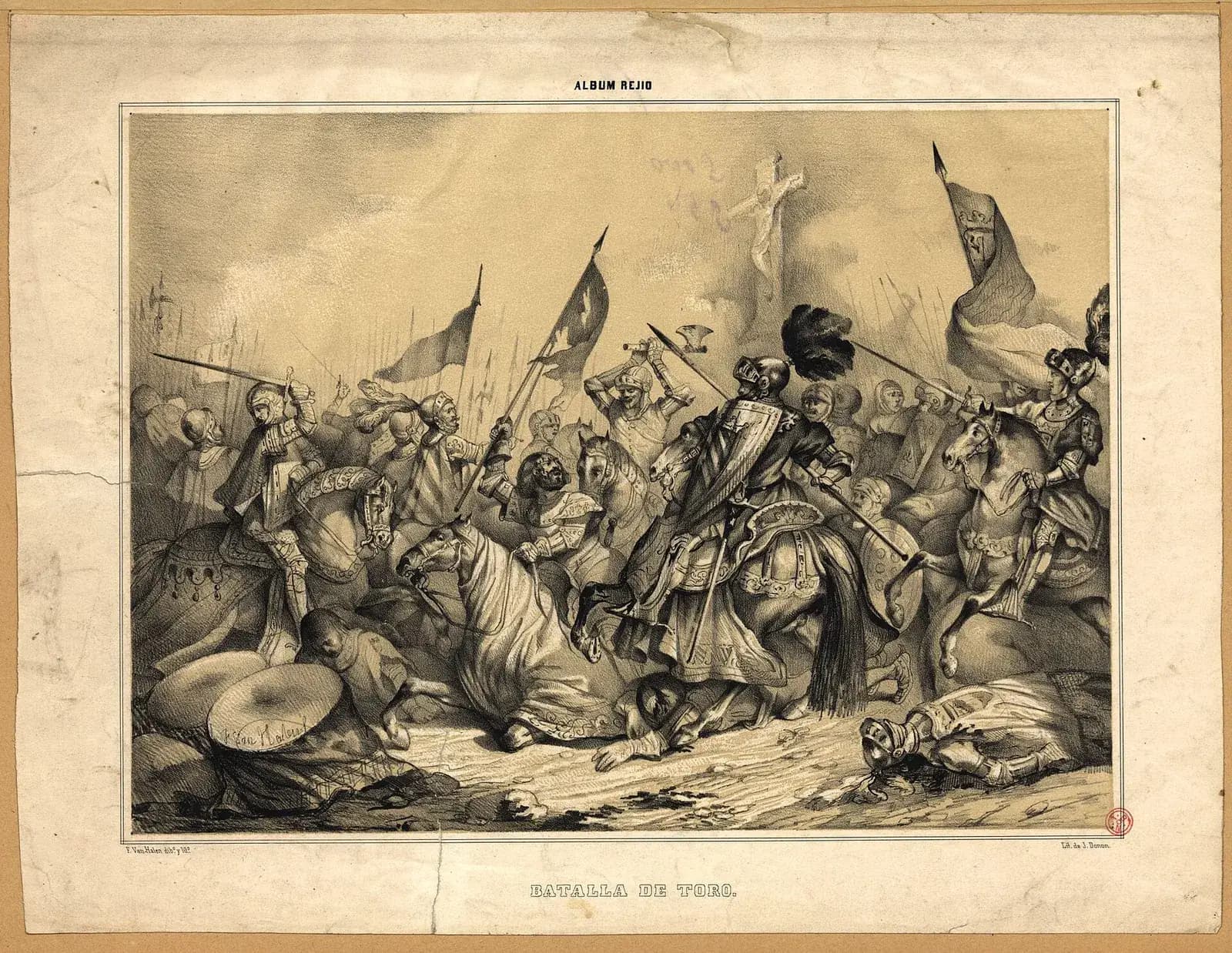 A sepia lithograph of a cavalry fight: armoured knights on rearing horses clash with lances and swords under banners, a crucifix rising above them and fallen men on the ground.