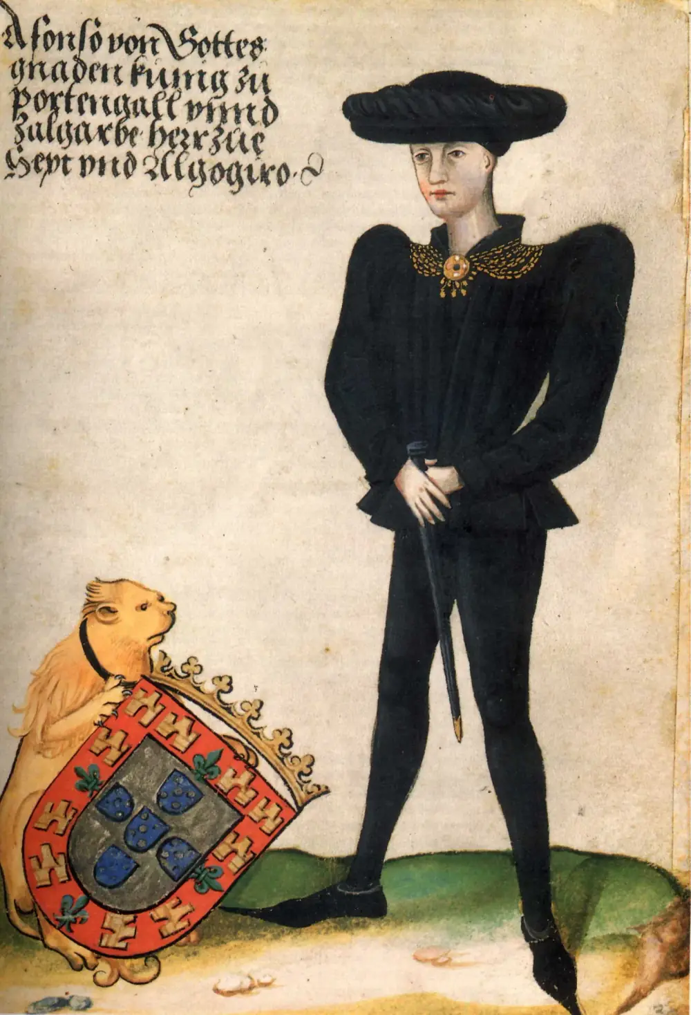 A hand-coloured drawing of a young man standing in a black doublet, black hose and a broad black hat, with a gold collar; at his feet a lion holds a shield with the Portuguese royal arms under a crown. German Gothic writing fills the top left corner.