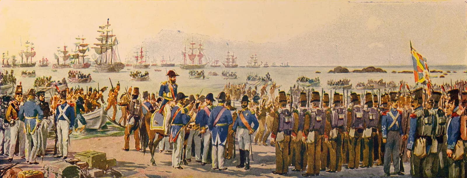A wide painted scene of a beach crowded with soldiers in shakos and blue or brown uniforms. Rowing boats full of men come ashore from a fleet of sailing ships anchored offshore, an officer in a cocked hat sits on horseback among staff officers, and a large patterned flag flies on the right.