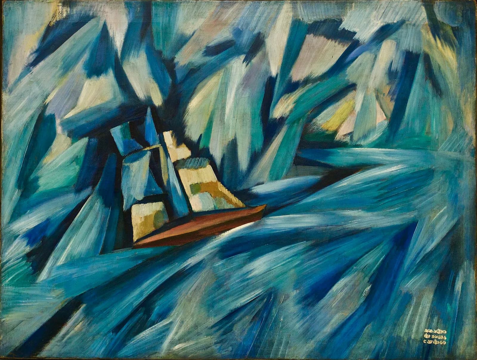 A painting of a small sailing boat with a brown hull and pale sails, tossed among huge slanting brushstrokes of blue, turquoise and white that fill the whole canvas like waves and wind. The artist's name is lettered in small white capitals in the lower right corner.