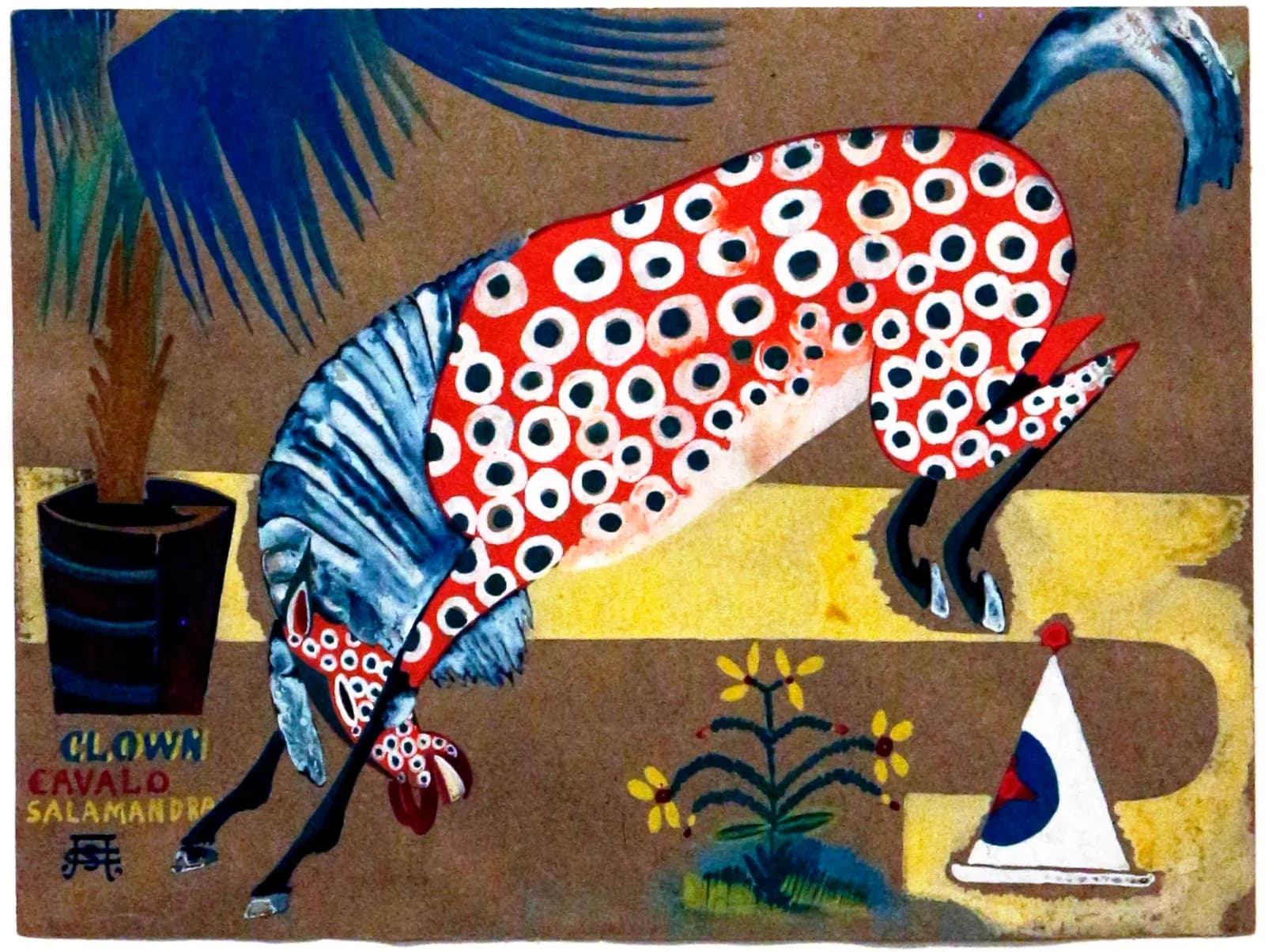 On a brown ground, a horse with a blue-striped forequarter and a body covered in red-and-white spots with black centres bucks with its head down beside a potted palm. A white cone with a red knob on top and a blue-and-red target painted on it stands to the right, a small yellow-flowered plant grows at the bottom, and the words Clown, Cavalo, Salamandra are lettered in blue, red and yellow at the lower left.