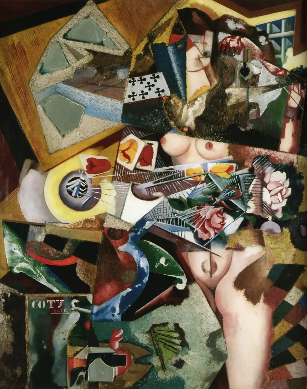 A crowded collage painting of overlapping fragments: a woman's bare torso and legs, playing cards, pink roses, a stringed instrument, a window, glittering textured patches and, at the lower left, a label reading Coty.
