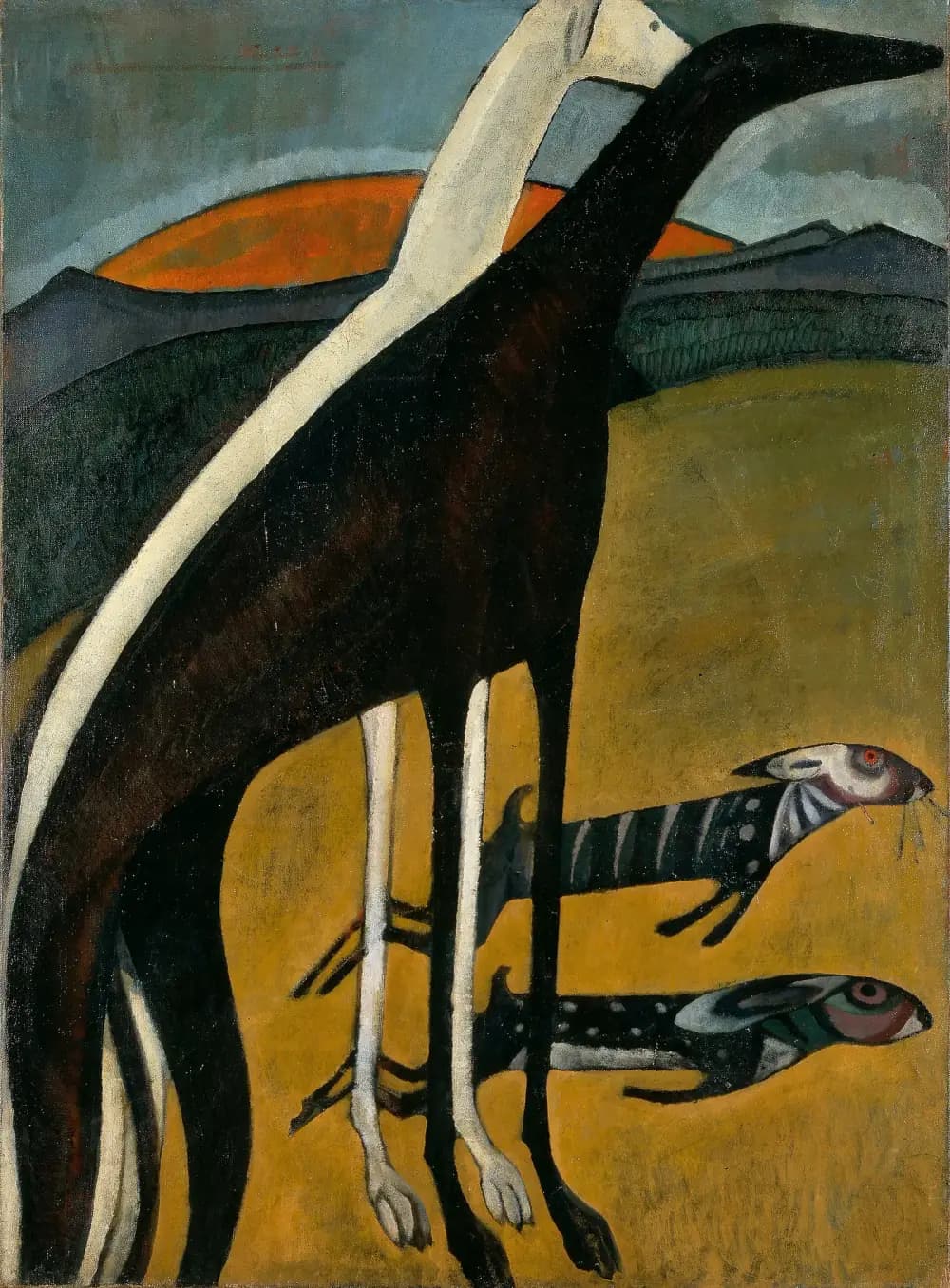 A tall painting of two greyhounds, one black and one white, their long necks and legs stretched up the full height of the canvas against an ochre field, dark green hills and an orange setting sun. Two small striped and spotted hares run beneath their legs.