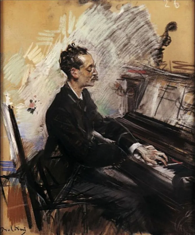 A loosely brushed painting on a tan ground of a man with swept-back dark hair and a moustache, eyes lowered, in a black suit, seated in profile at a black piano with his hands on the keys.