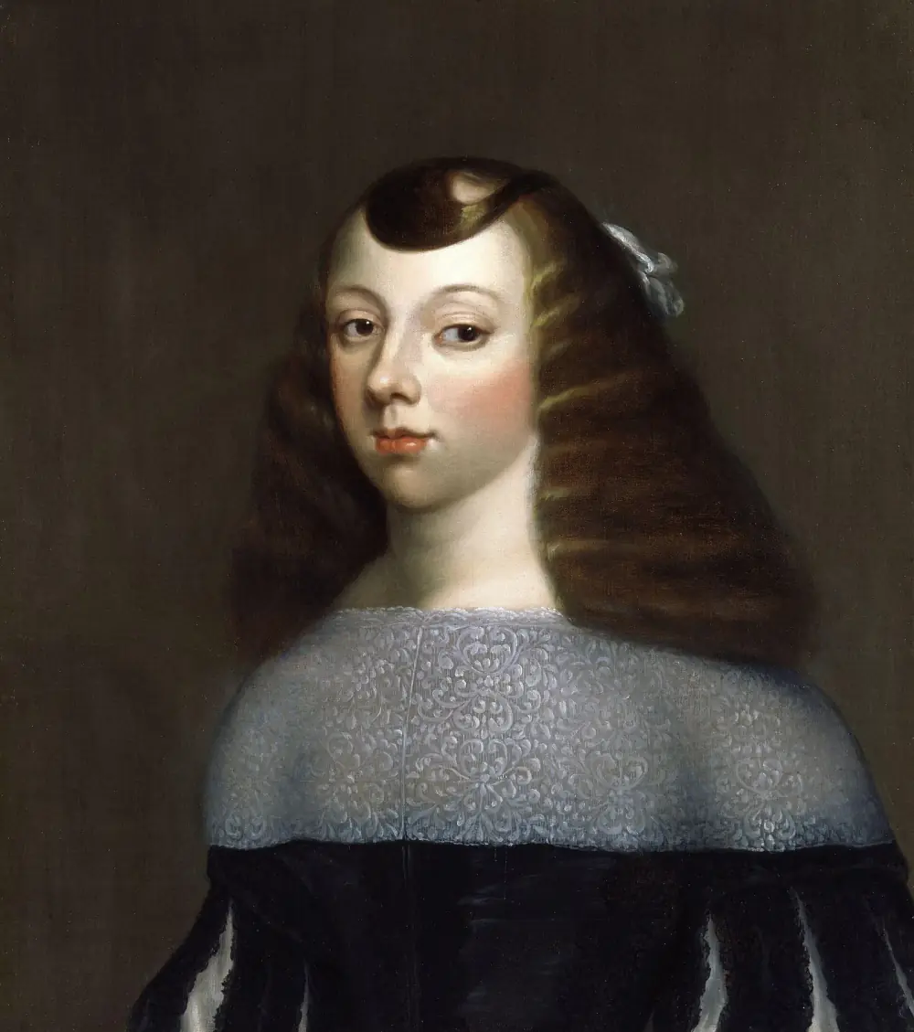 Oil portrait of a young woman with long curled brown hair and a pale face, wearing a dark dress with a wide pale lace collar over her shoulders.