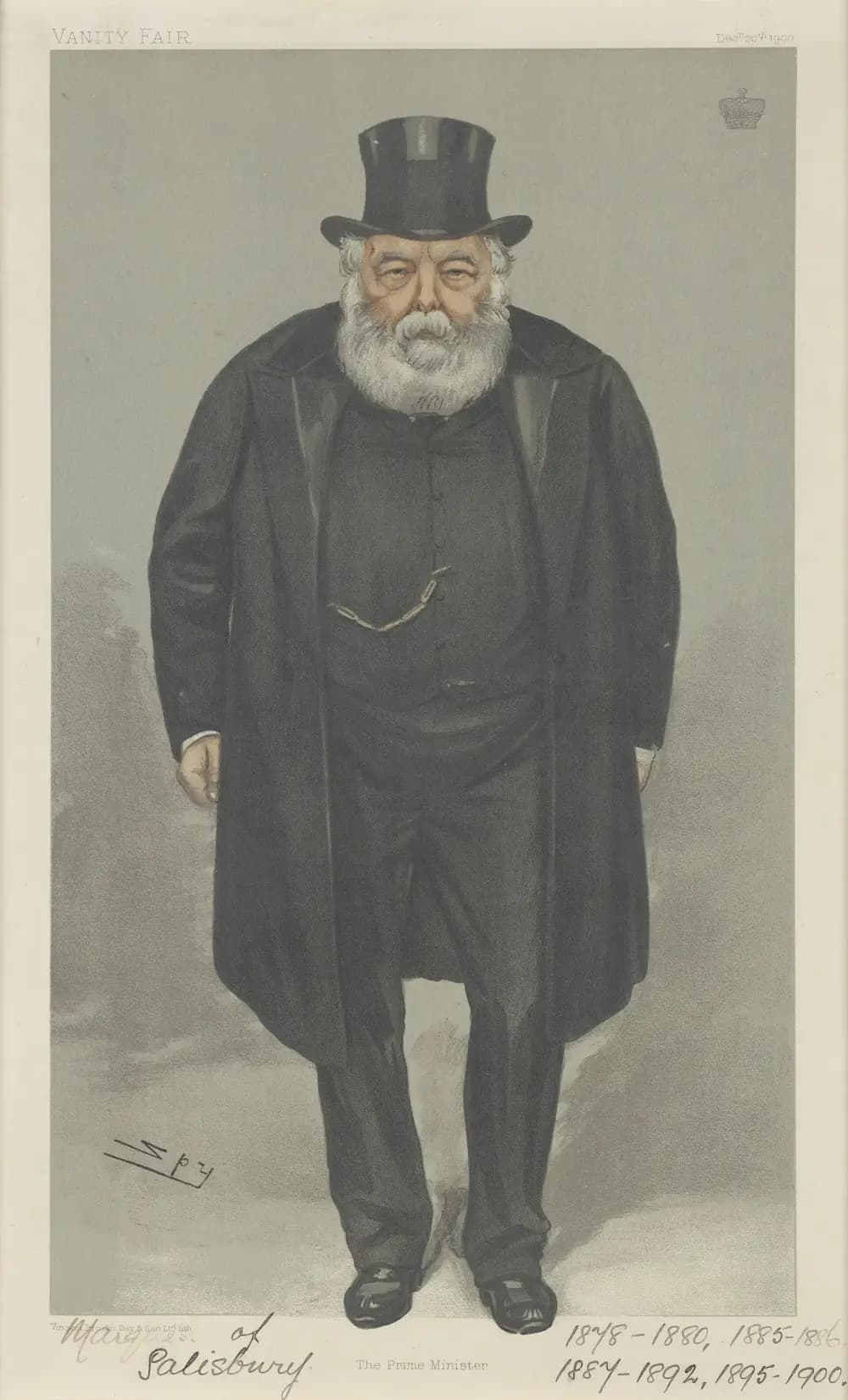 Colour caricature of a heavy, white-bearded elderly man in a black top hat and long black overcoat, standing and facing the viewer, with a watch chain across his waistcoat.