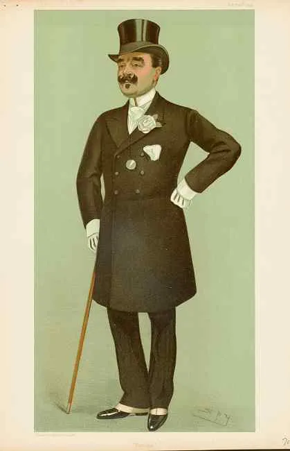 Colour caricature of a man with a dark moustache in a top hat and long black frock coat with a white flower in the buttonhole, one hand on his hip and the other on a walking cane.