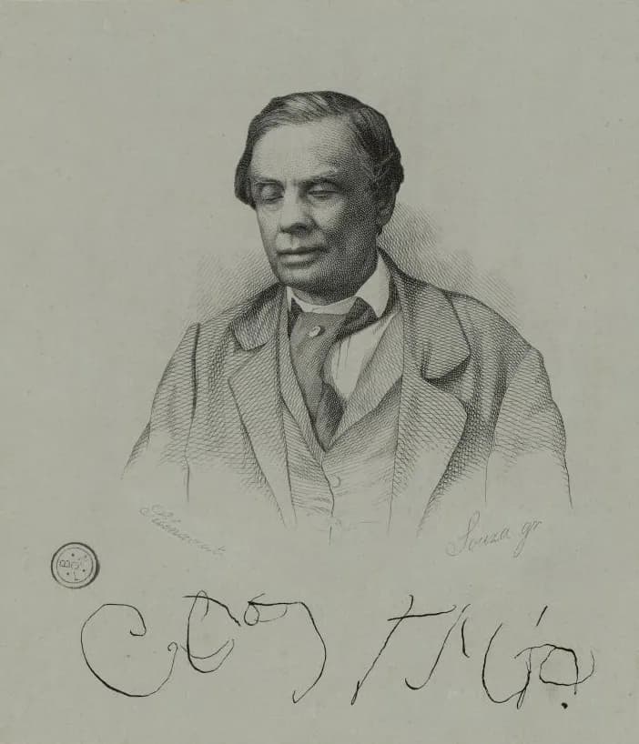 Engraved portrait of a heavy-set older man with swept-back hair, eyes closed, in a waistcoat and loose coat, with a large handwritten signature below.