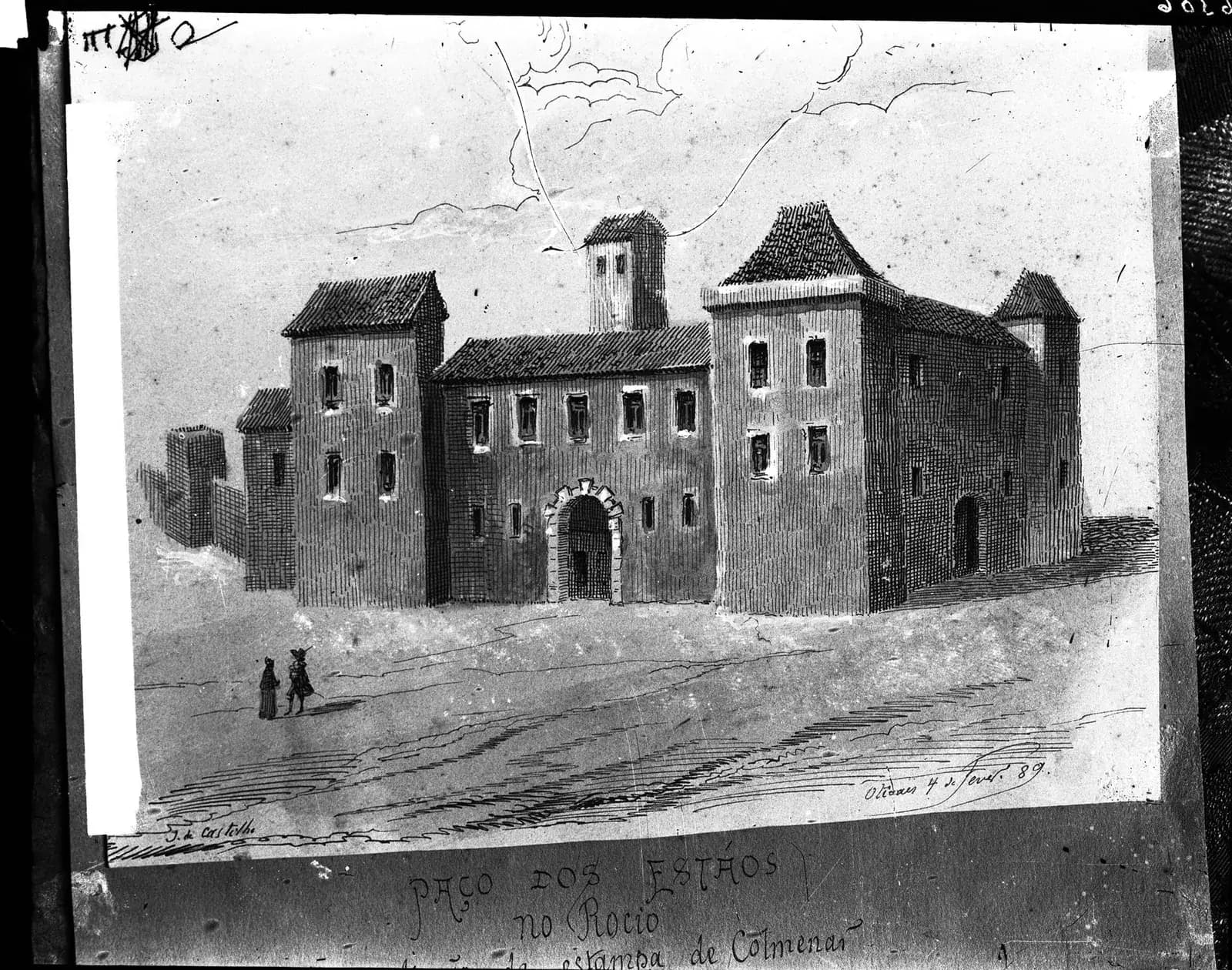 Pen drawing of a fortified palace with square towers and tiled roofs around an arched gateway, with two small figures in the open ground in front and a handwritten title below.