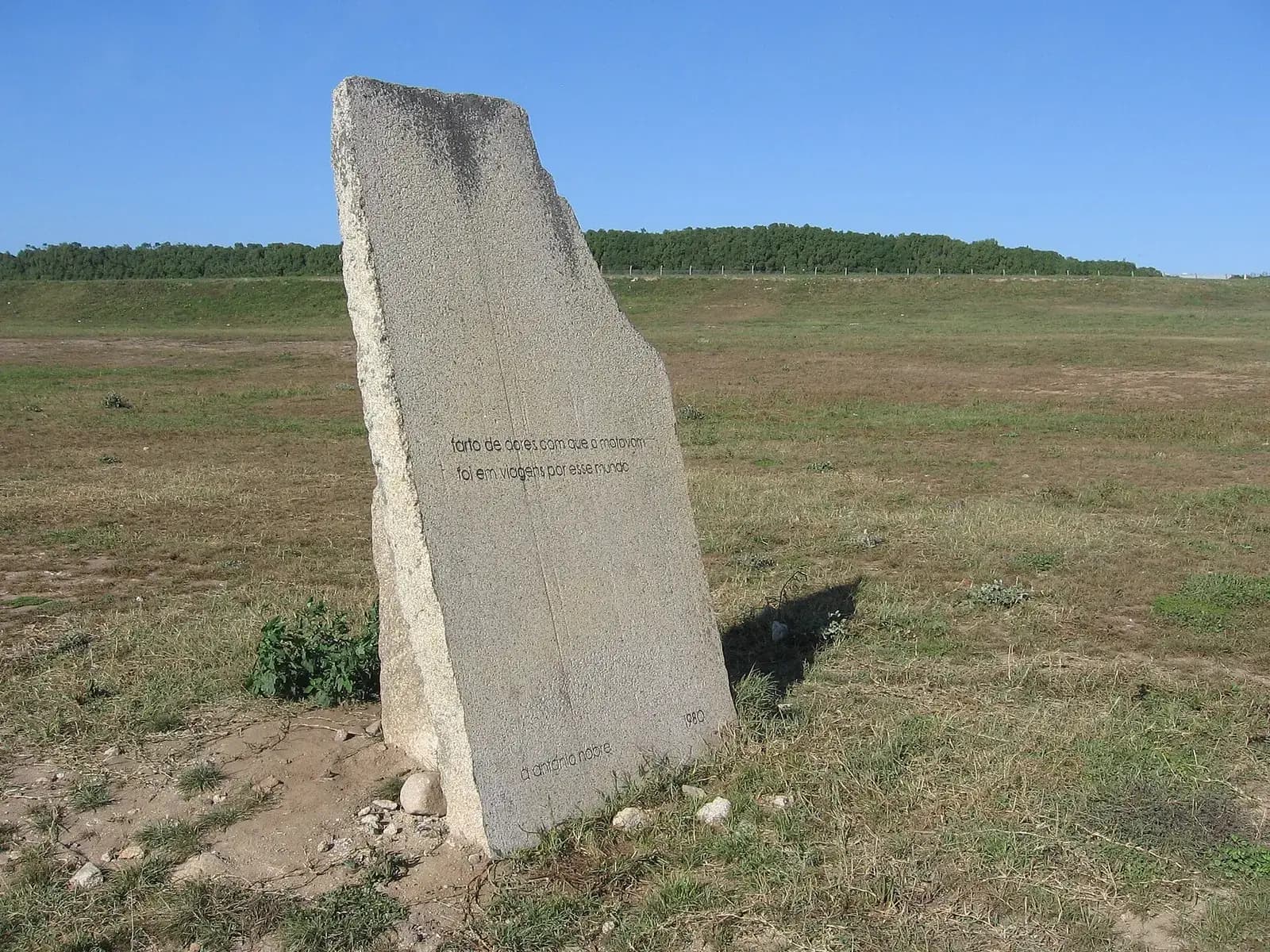 A tall, roughly cut slab of pale granite stands upright and leans slightly in a flat field of patchy grass, with two engraved lines of small lettering across its face, a dedication and the year 1980 near its foot, and a low wooded ridge under a clear blue sky behind it.