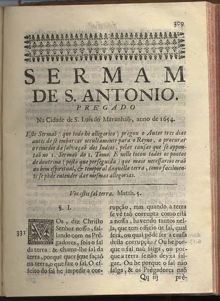An old printed page headed Sermam de S. Antonio, pregado na Cidade de S. Luis do Maranhão, anno de 1654, with an italic note below it and the start of the sermon in two columns.
