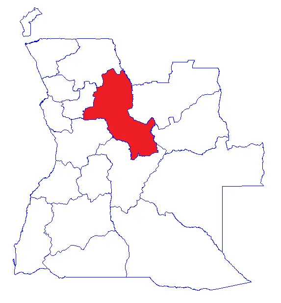 Outline map of Angola divided into its provinces, with Malanje province filled in red in the north-centre of the country, its northern tip reaching the border with the Democratic Republic of the Congo.