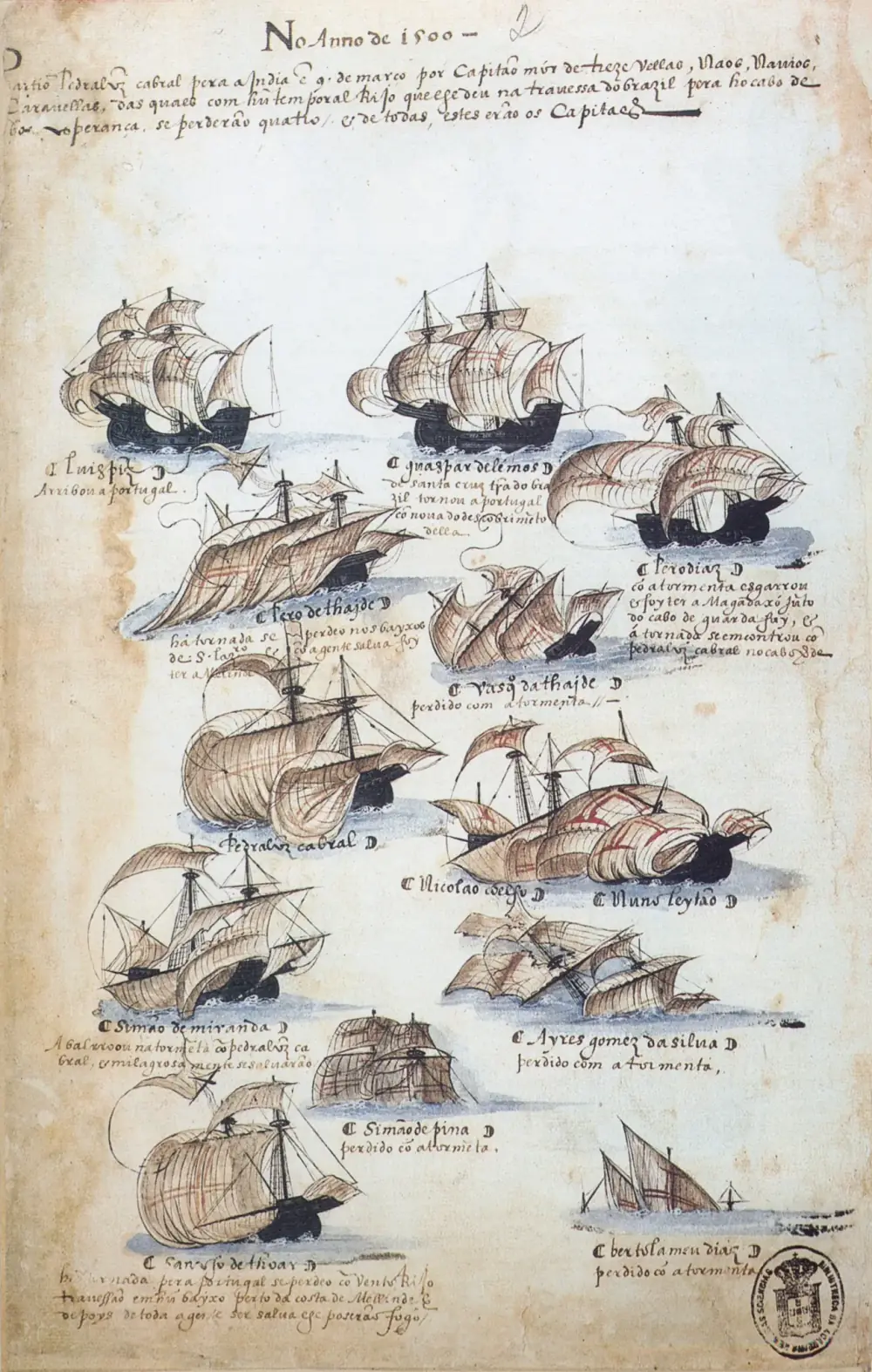 A manuscript page headed No anno de 1500, with thirteen small ink-and-wash drawings of sailing ships, each labelled with a captain's name. Several are shown capsized or sinking with torn sails; at bottom right only the sails and masts of a small lateen-rigged ship show above the waves.