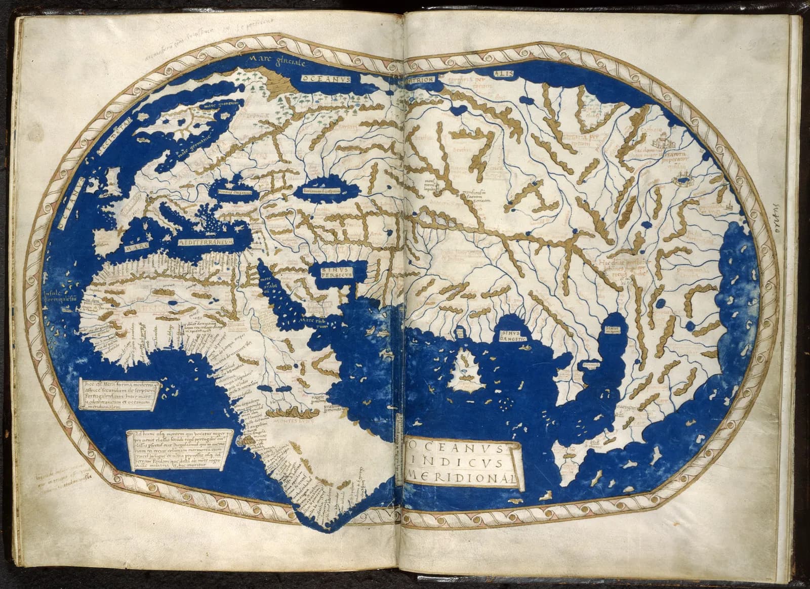 A hand-drawn world map on an open double page of a manuscript, with blue seas and gold-brown mountains. Africa takes up the lower left and narrows to a southern point, its coast lined with tiny handwritten names; a large blue ocean labelled Oceanus Indicus Meridionalis lies to the east.