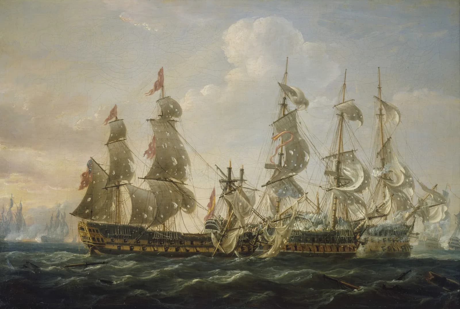 An oil painting of three large sailing warships locked side by side in a rough grey sea, their sails holed by shot. Spars and wreckage float in the water and other ships fire in the background.