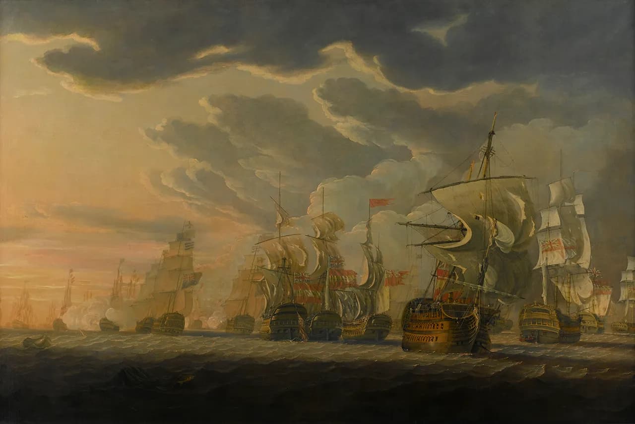 An oil painting of a sea battle under a stormy evening sky. Dismasted and damaged warships with torn sails sit low in a grey sea in the foreground, while a long line of ships fades into gunsmoke and golden light on the left.