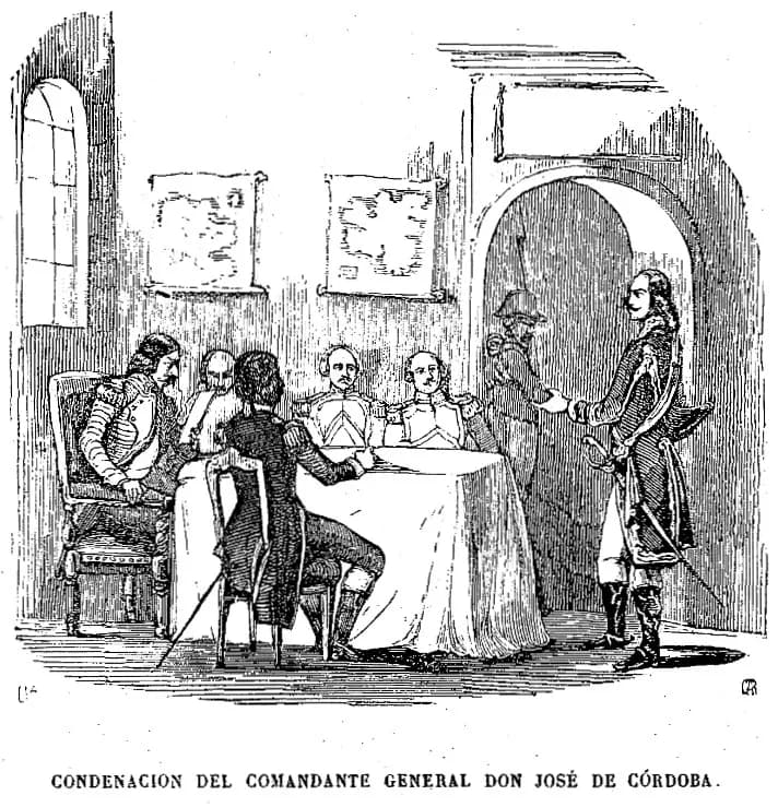 A black-and-white engraving of a courtroom. Officers in uniform sit around a table covered with a cloth, maps hang on the wall, and a man in uniform with a sword stands to the right facing them.