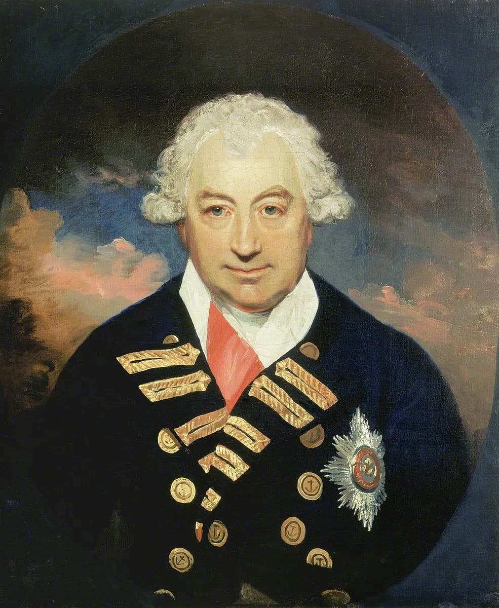 Head-and-shoulders portrait of a middle-aged man with white curled hair, in a dark blue naval coat with gold lace and a silver star on the breast, against a cloudy sky.