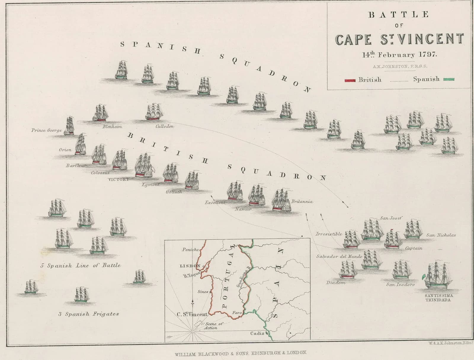 A hand-coloured engraved plan of a sea battle. Small drawings of sailing ships, British with red hulls and Spanish with green, form two curving lines labelled Spanish Squadron and British Squadron. Groups of Spanish ships lie to the left, and at the lower right the Captain sits among large Spanish ships. An inset map shows Portugal, Lisbon, Cape St Vincent and Cádiz.