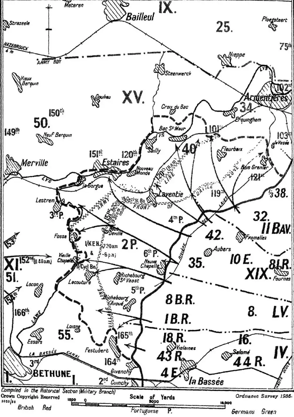Black and white military sketch map of the country between Béthune and Armentières. A thick line marks the front of 9 April; arrows show the German advance westward through Neuve Chapelle and Laventie towards the River Lys at Estaires. The Portuguese sector is marked 2 P., with brigades 4th P., 5th P. and 6th P., between the British 55th Division to the south and the 40th to the north.