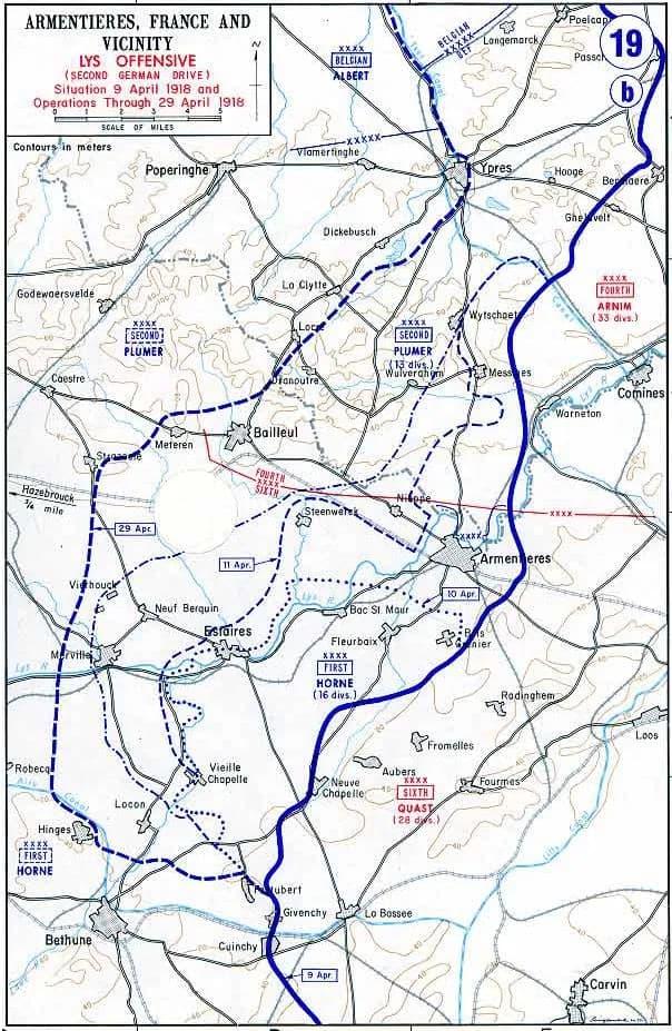 Colour map of the area from Ypres in the north to Béthune in the south. A solid blue line shows the front before 9 April; dashed and dotted lines show German gains on 10, 11 and 29 April, a bulge reaching past Estaires, Merville and Bailleul.