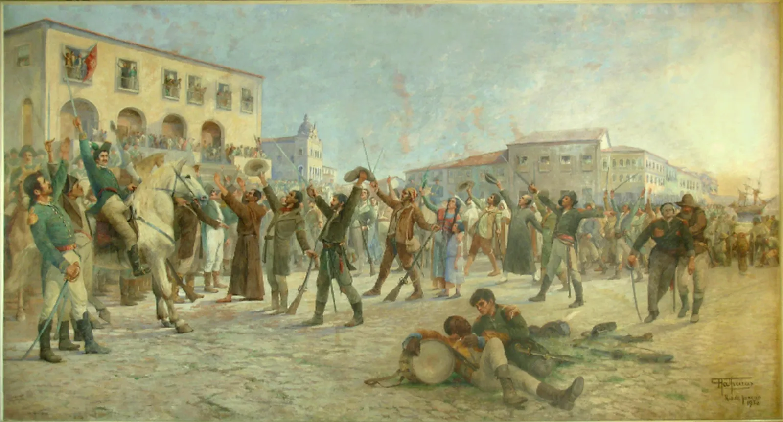 A crowd of soldiers, civilians and a friar in a town square raise hats, swords and muskets towards an arcaded building whose windows are crowded with people, a flag hanging from one of them. An officer sits on a white horse at left, and in the foreground a wounded drummer lies on the cobbles in another man's arms.