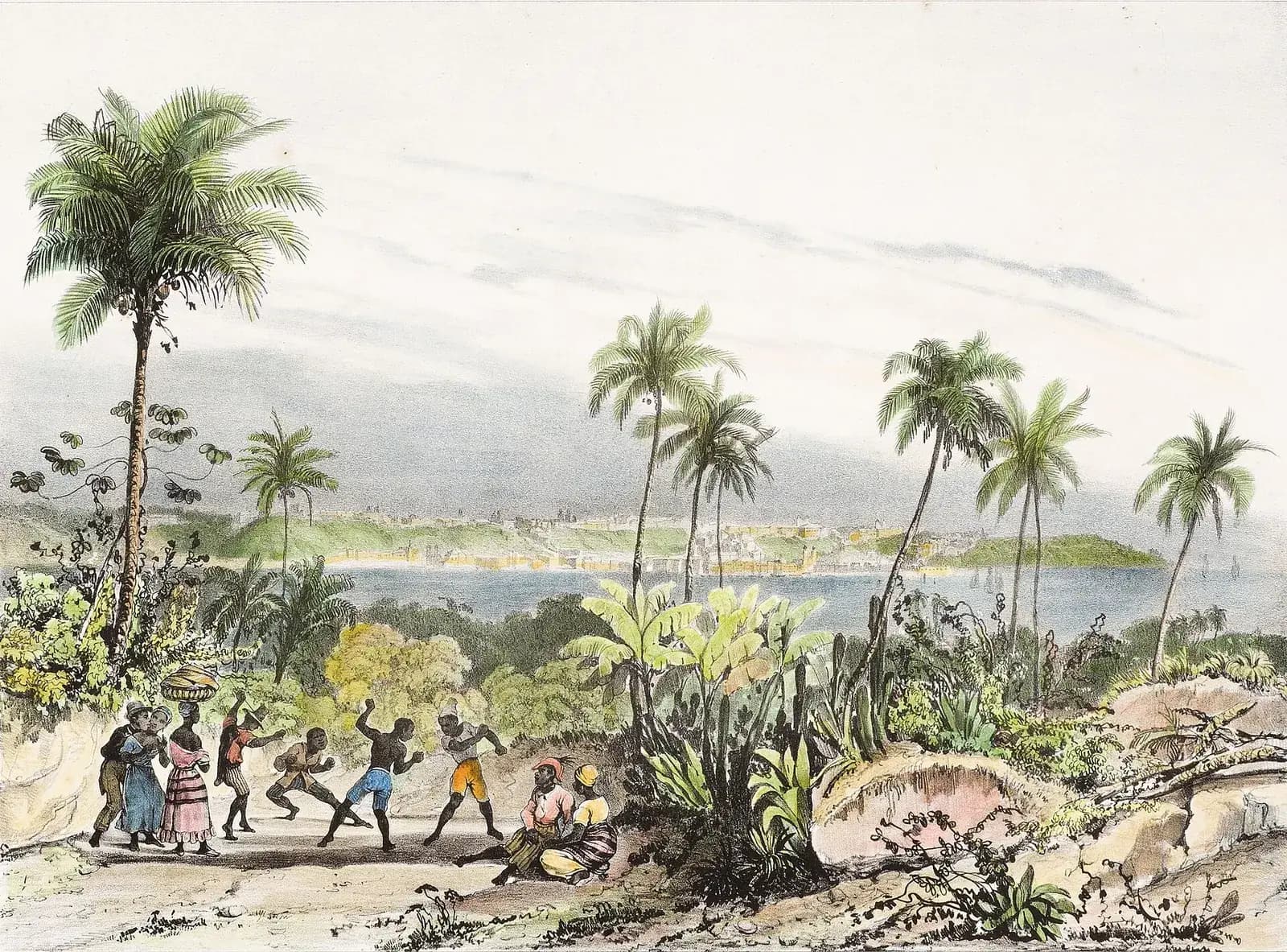 A hand-coloured print of a sandy path among palms and banana plants where a group of Black men practise capoeira while women watch. Across a stretch of water behind them, a long city of white buildings lines a ridge above the shore.