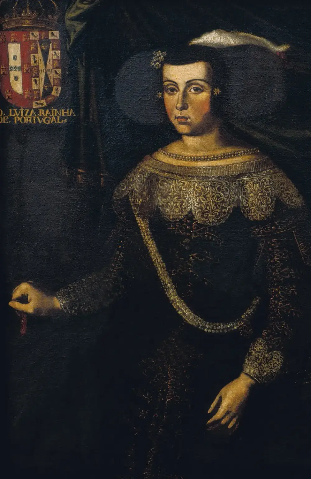 A painted portrait of a woman in a dark dress embroidered with gold, with a wide lace collar and a feathered hat, holding a small red object in one hand. A crowned coat of arms and the words D. Luiza Rainha de Portugal appear at the top left.