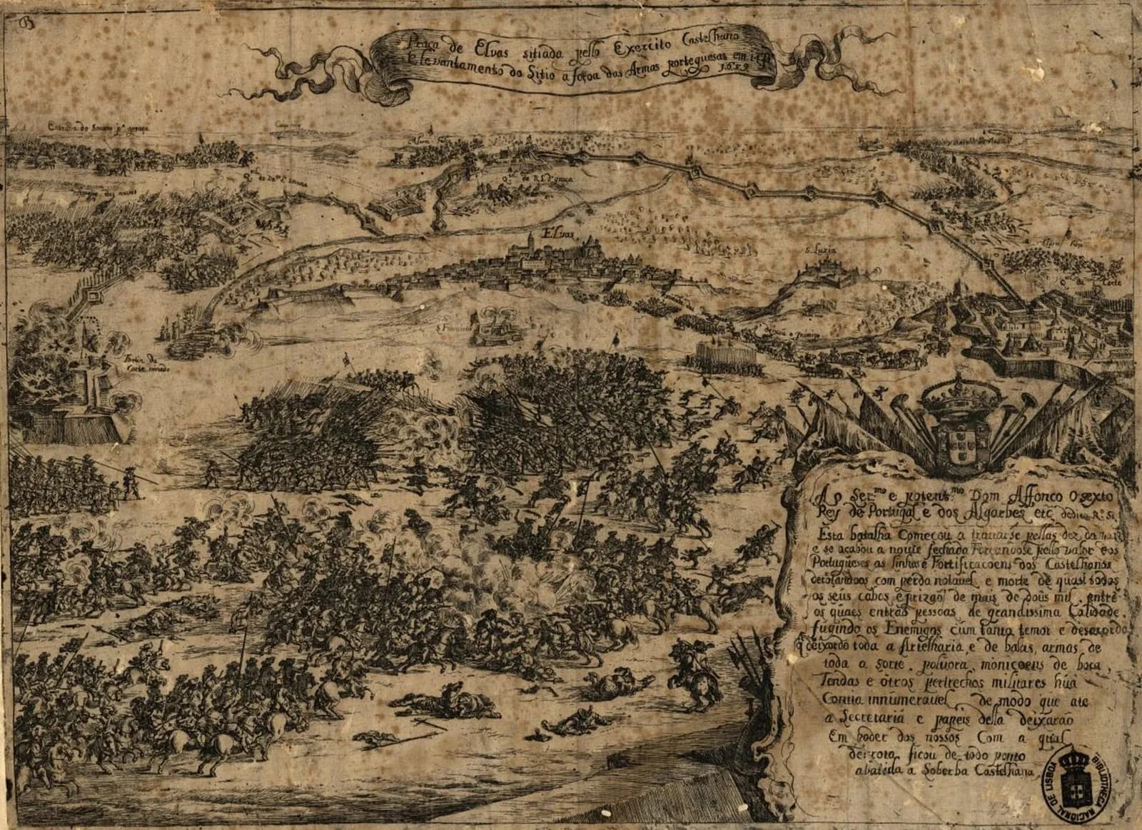 A seventeenth-century etching of a battle seen from above. In the foreground masses of cavalry and pikemen clash amid gun smoke; behind them the walled town of Elvas sits on a rise, ringed by a long zigzag line of trenches and small forts. A crowned Portuguese coat of arms and a long caption in flowing script fill the lower right corner.
